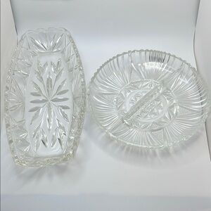 Vintage Hazel Atlas Clear Pressed Glass Serving Dish Set, Round Divided & Long